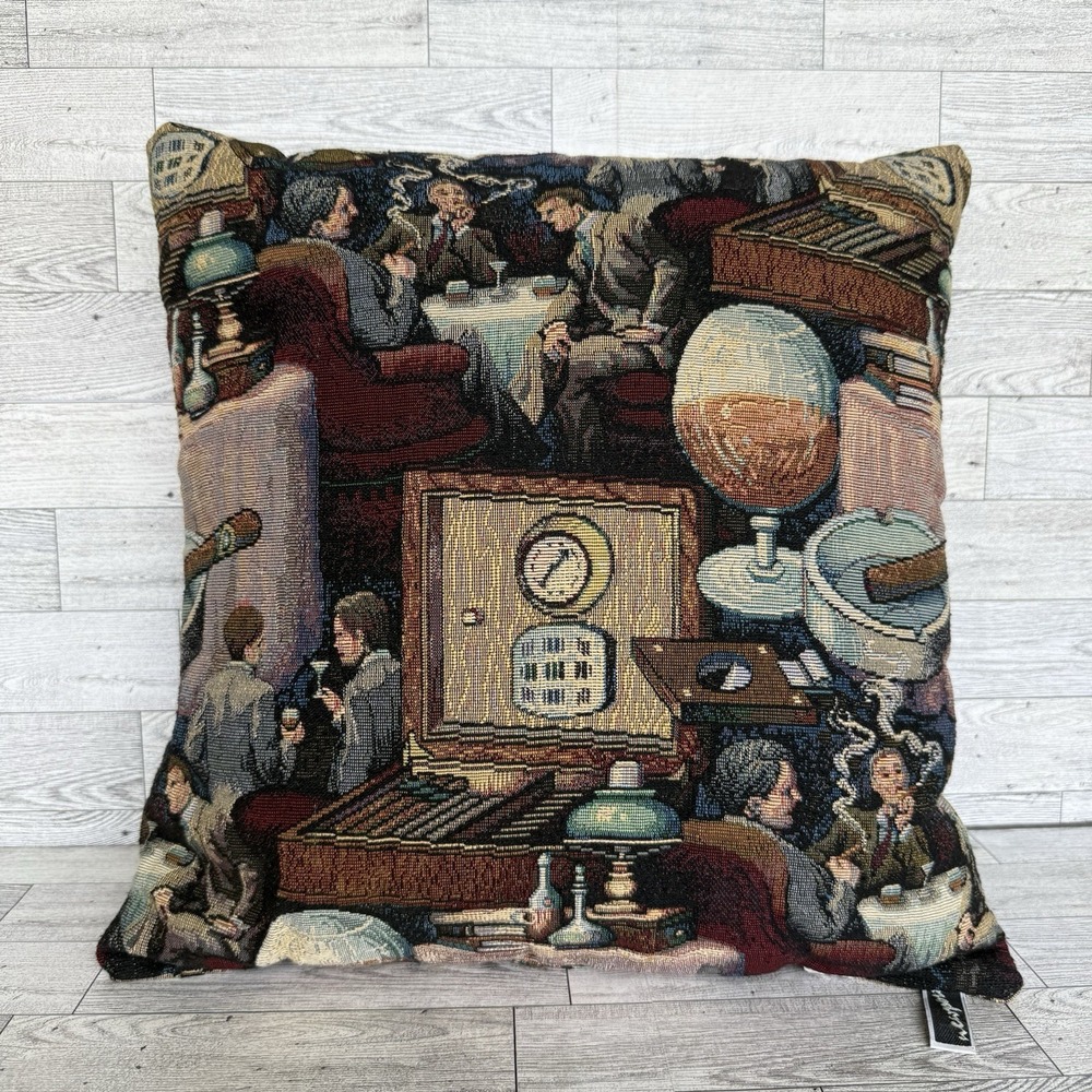 Vtg Bar Men's Club Tapestry‎ Throw Pillow 16 x 16 Man Cave Den Rustic Decor
